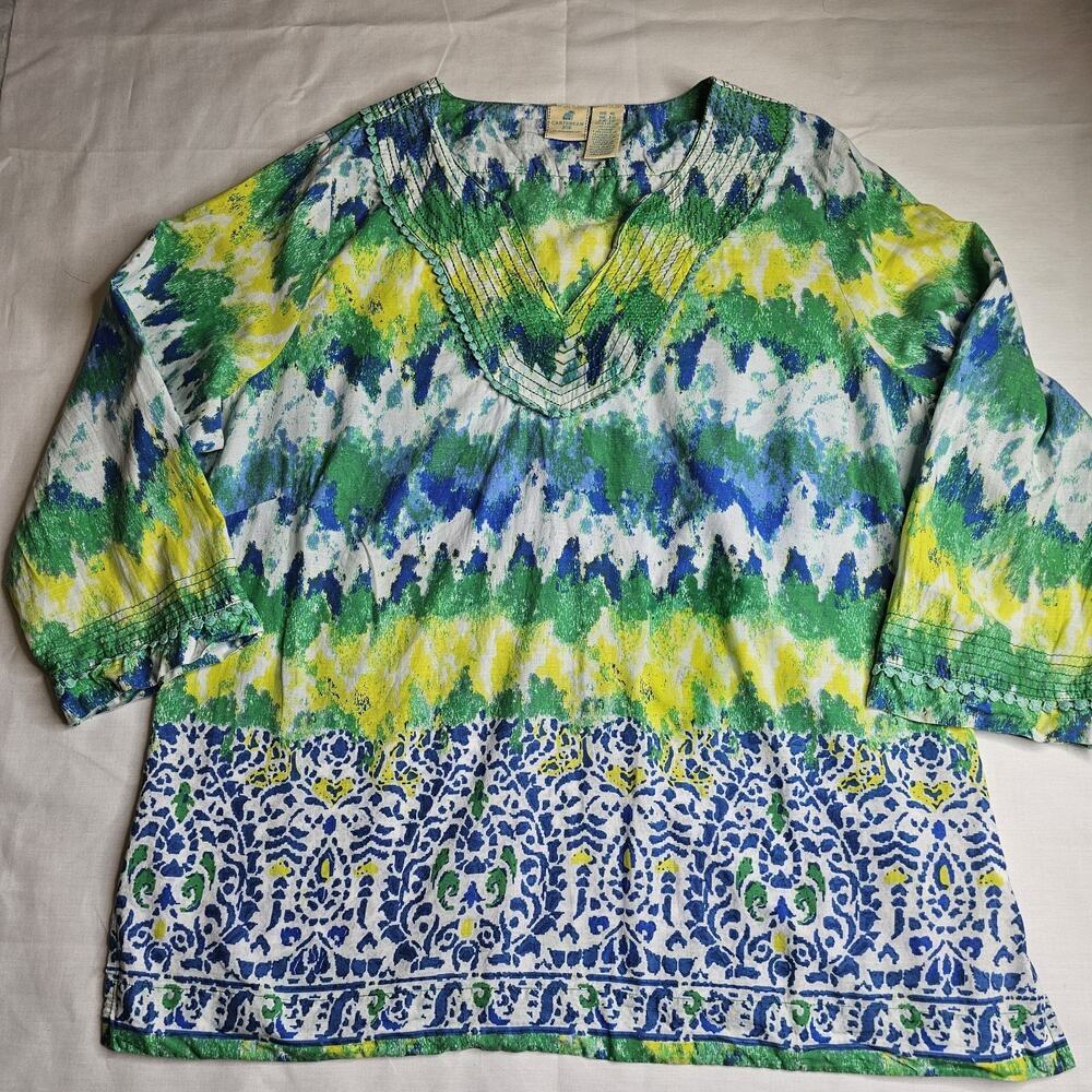 Caribbean Joe Womens XL Blue Green Yellow Print Tunic Top Cotton Embellished